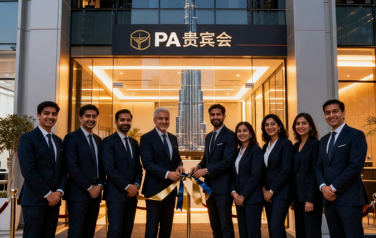 PA贵宾会迪拜服务中心开业仪式现场，团队成员在迪拜金融中心办公室前合影，背景可见哈利法塔